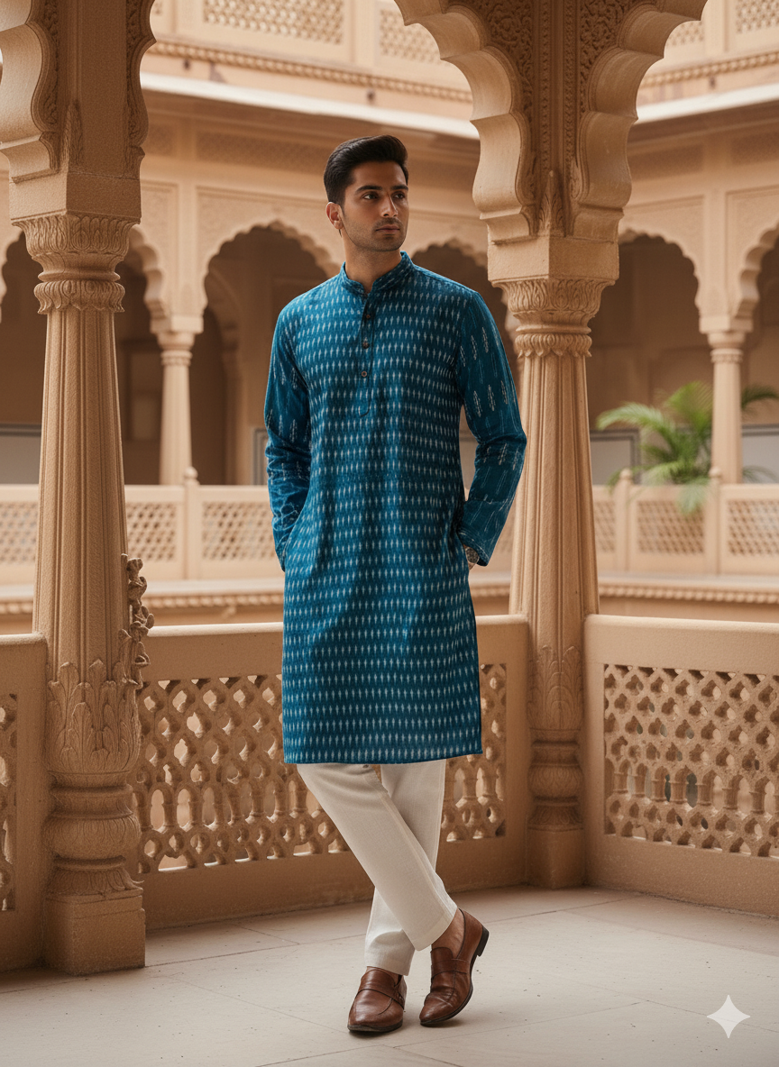 Teal Ikat Mens Kurta