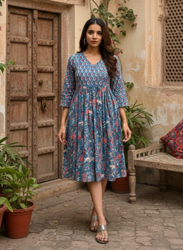 Blue handblock A-line dress