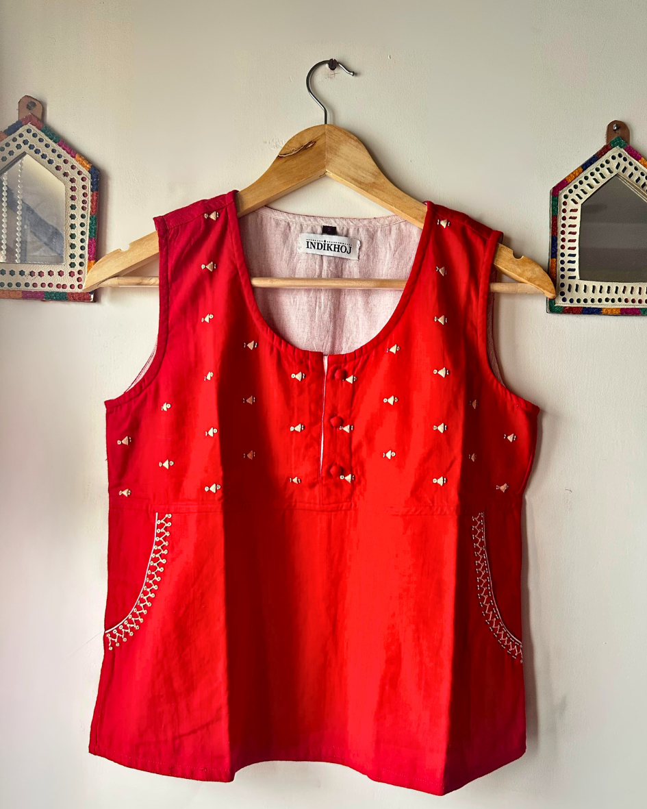 Red embroidered top  INDIKHOJ