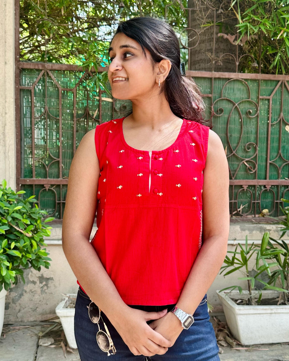 Red embroidered top