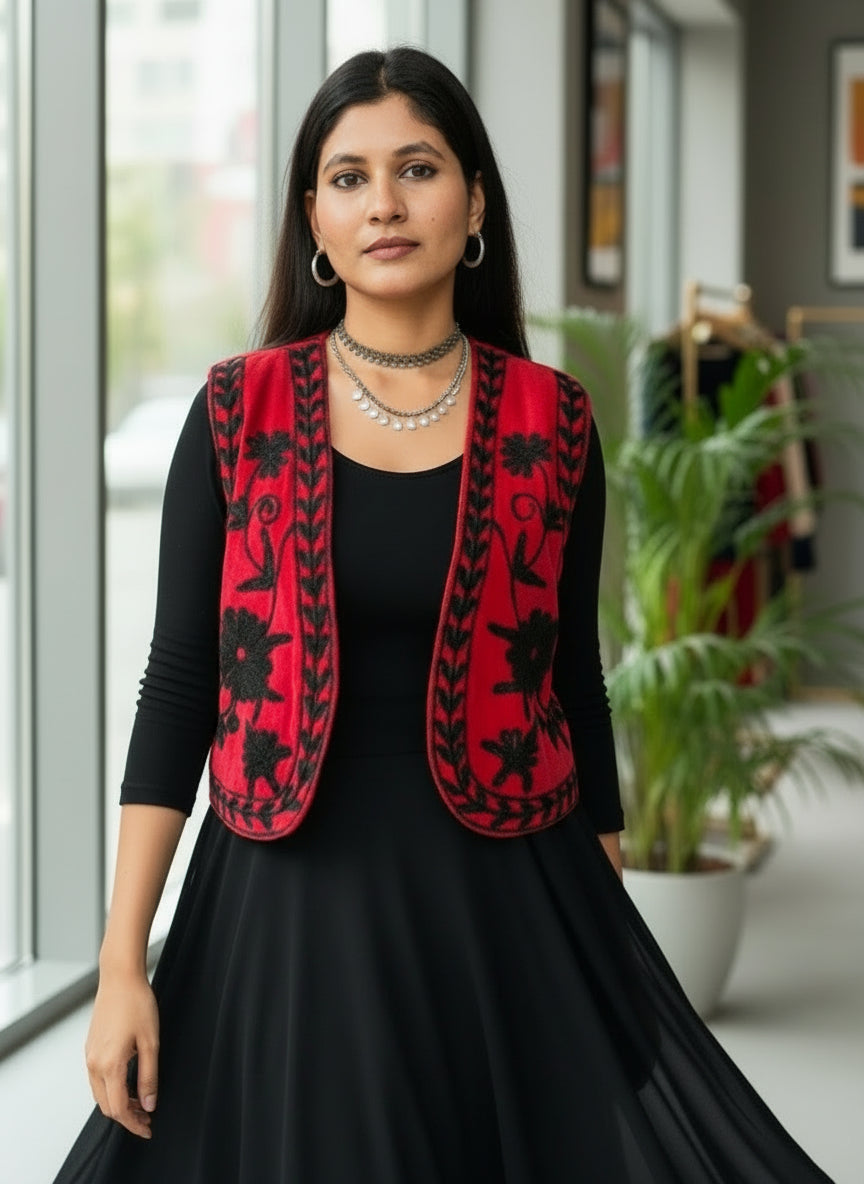 Boho Embroidered velvet vest (Rose Red)