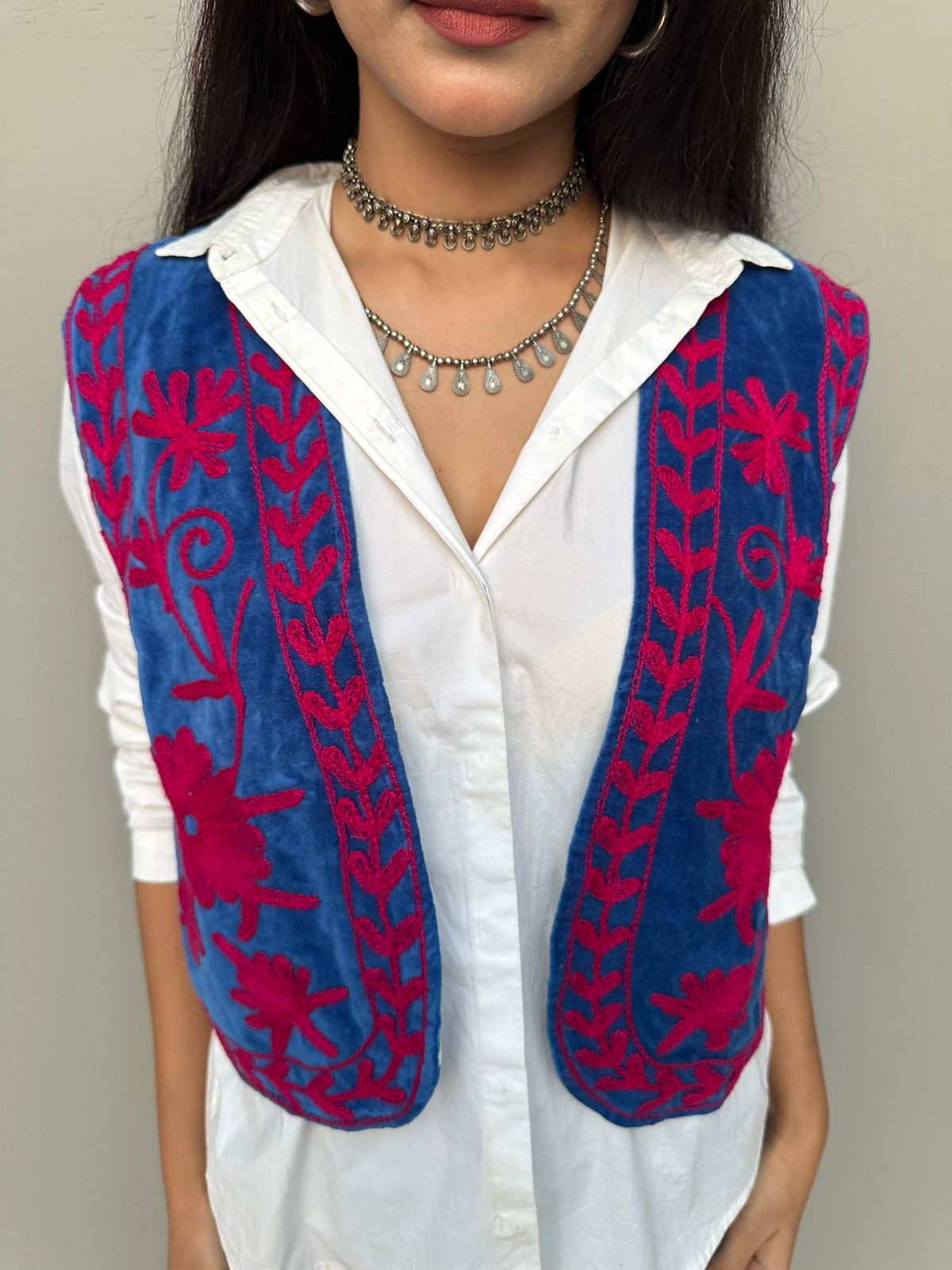 Boho Embroidered velvet Vest (Blue)