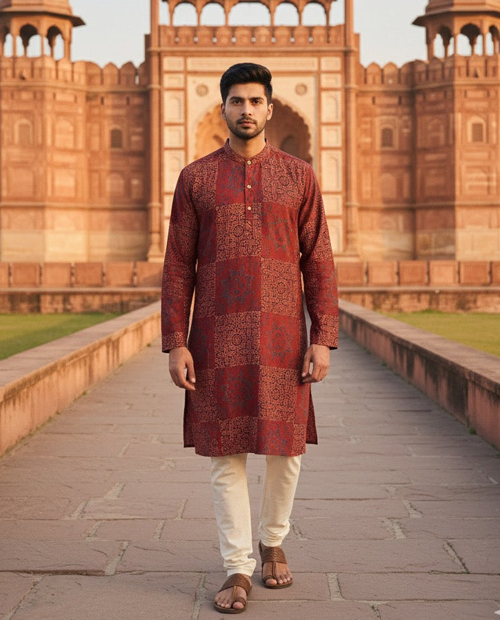 Red Ajrakh Mens Kurta