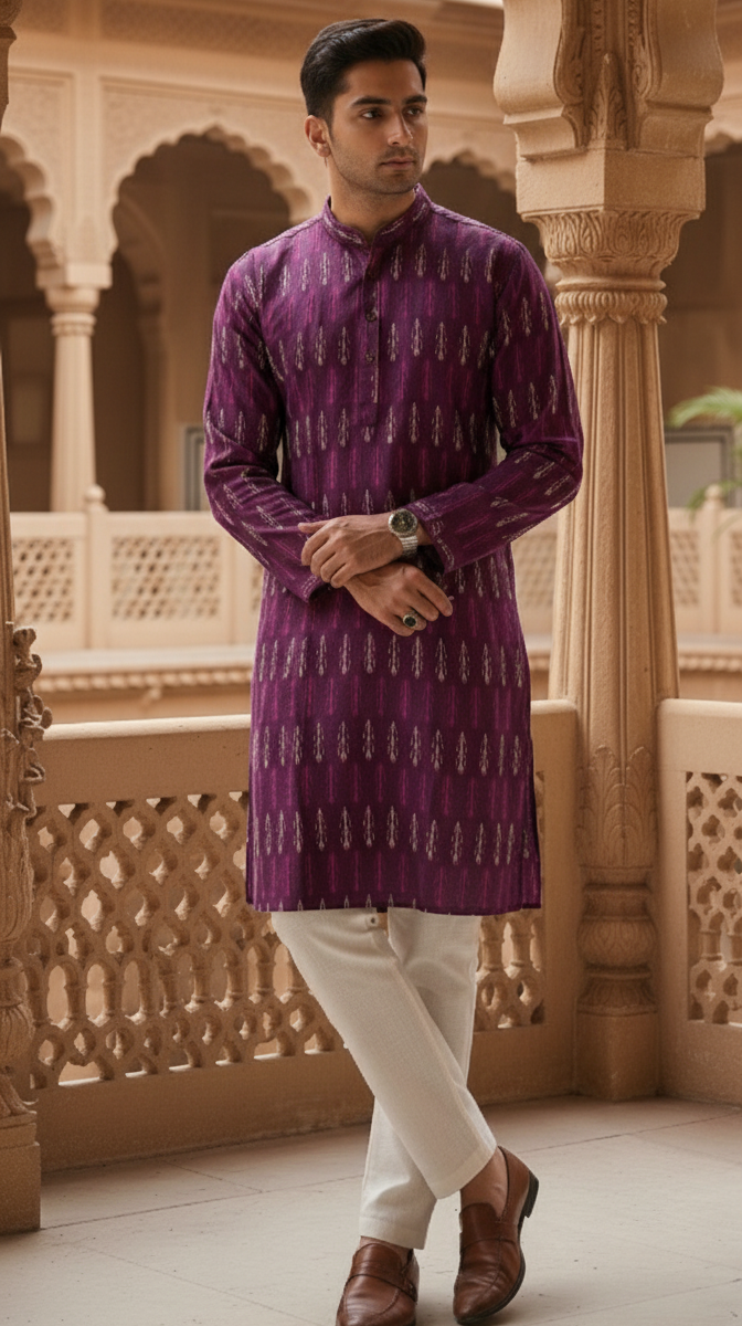 Wine Ikat Mens kurta