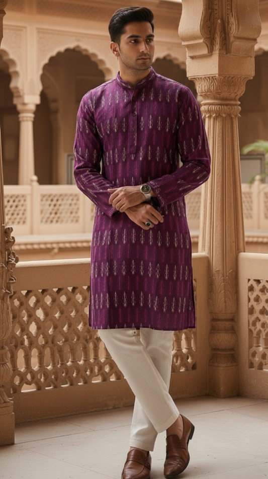 Wine Ikat Mens kurta