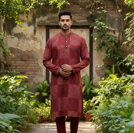 Red Ajrakh Mens Kurta