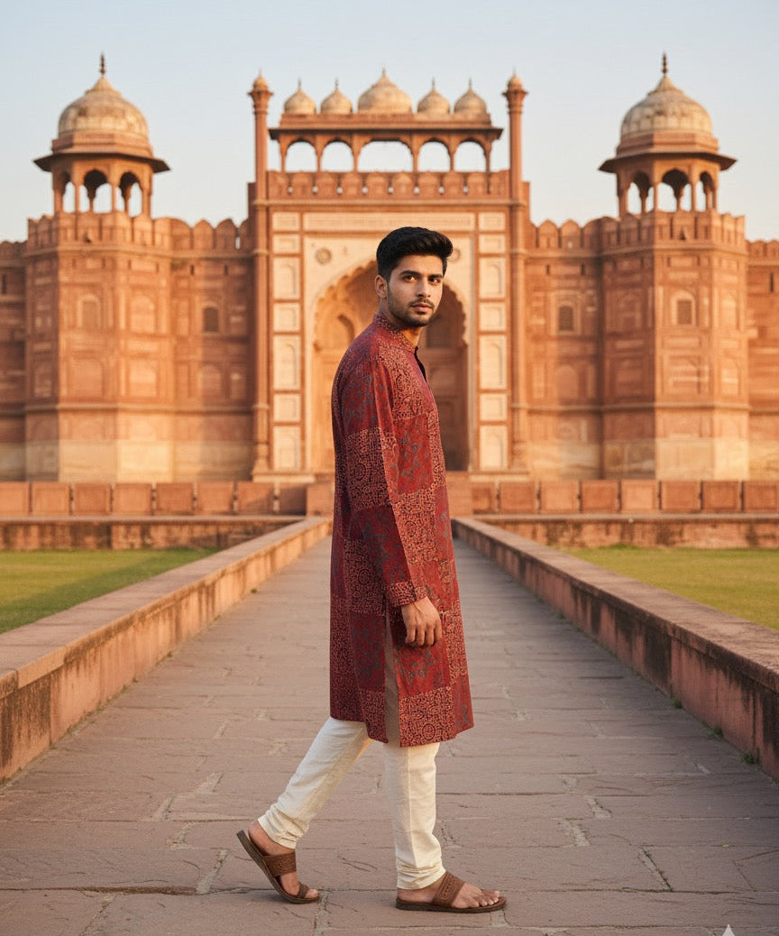 Red Ajrakh Mens Kurta