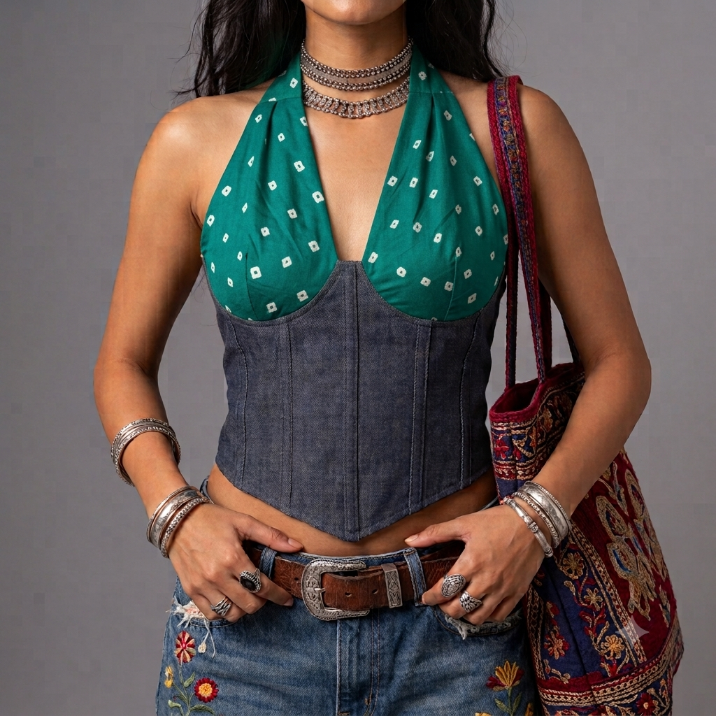 Denim-Bandhani corset