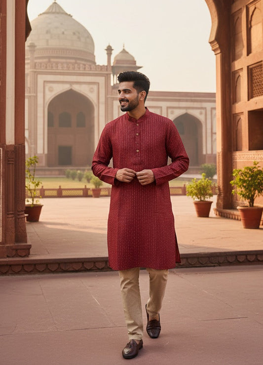 Maroon Bhagalpuri Silk Mens Kurta