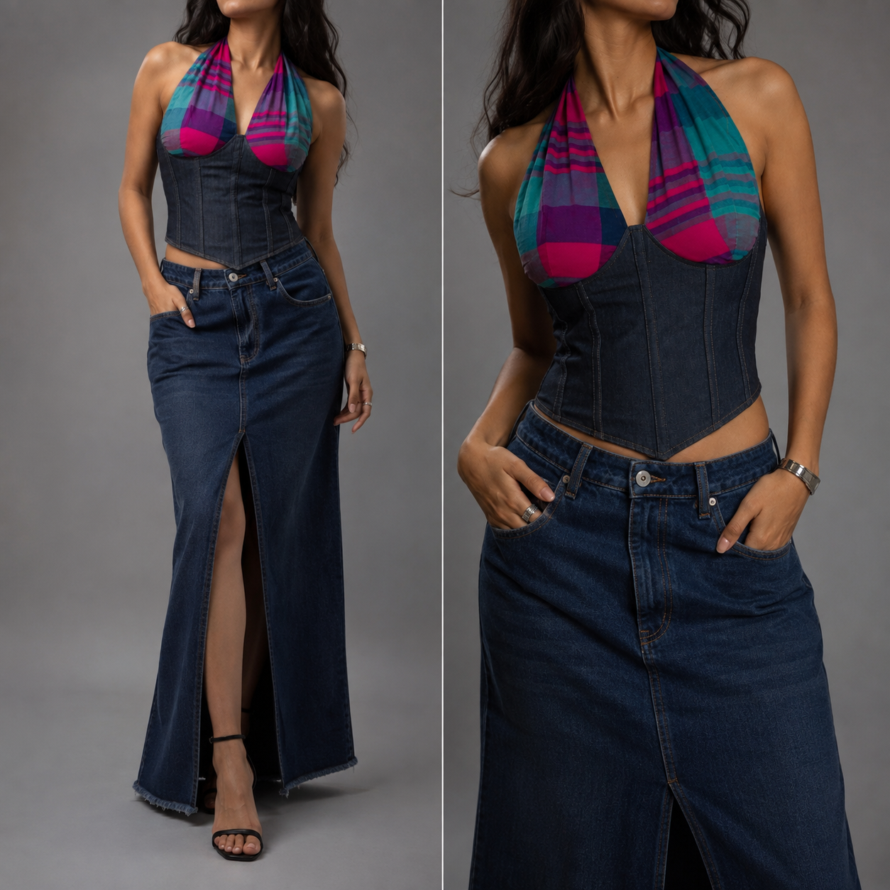 Denim-Madras check corset