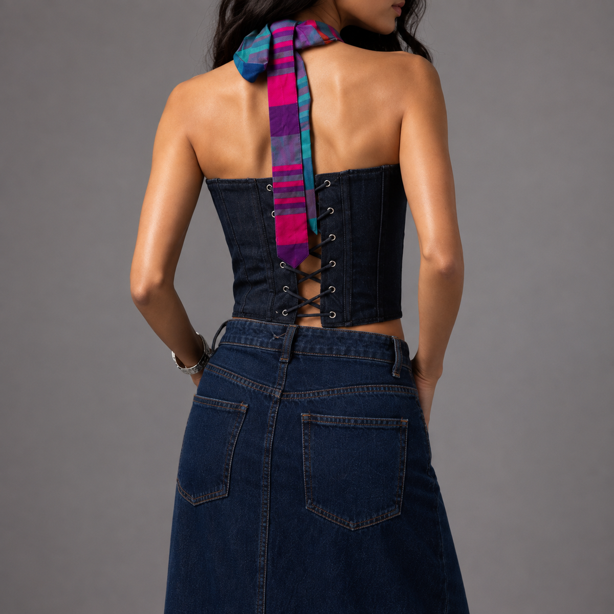Denim-Madras check corset