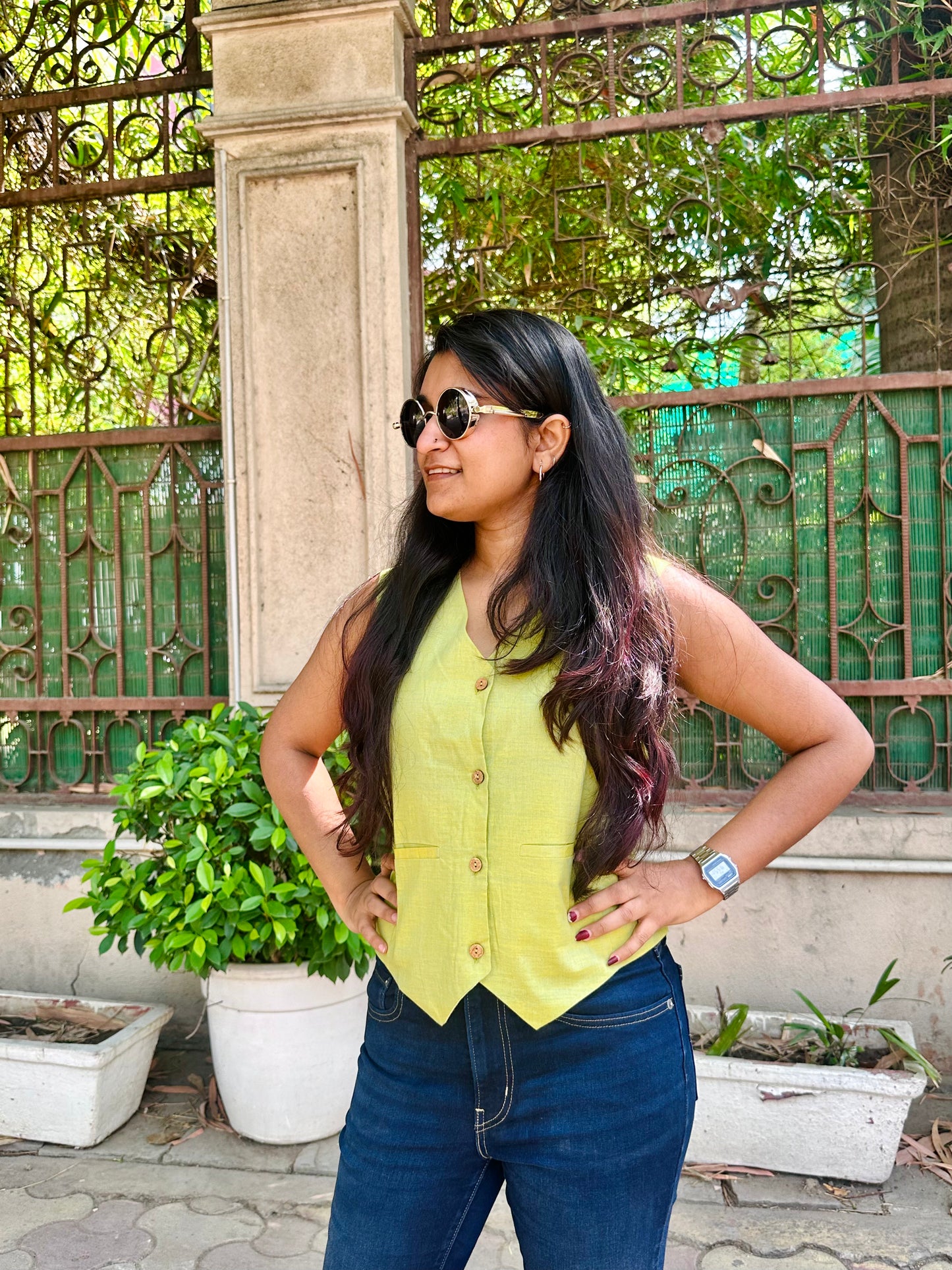 Lime green khadi waistcoat vest top