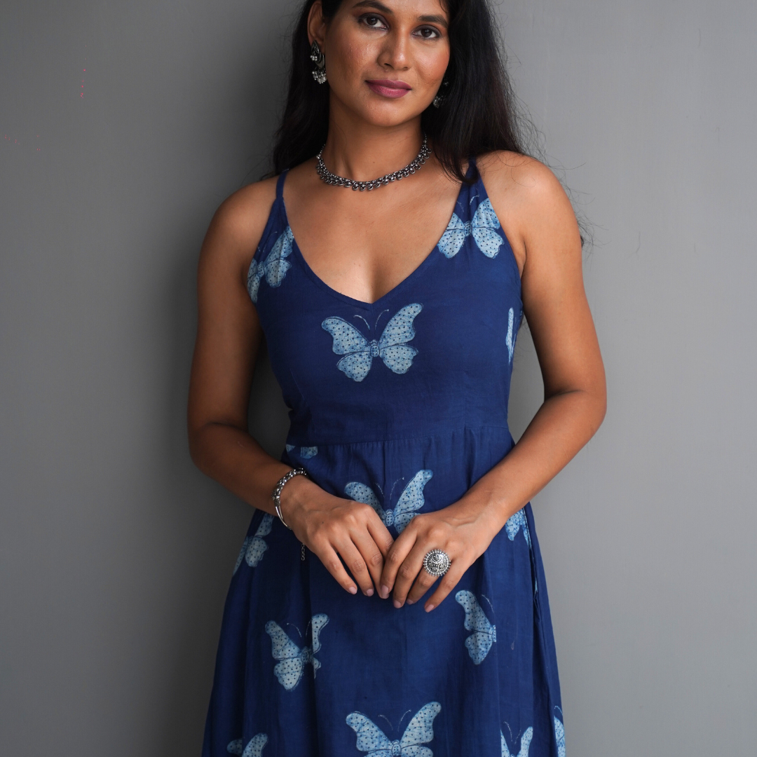 Blue Handblock Butterfly dress