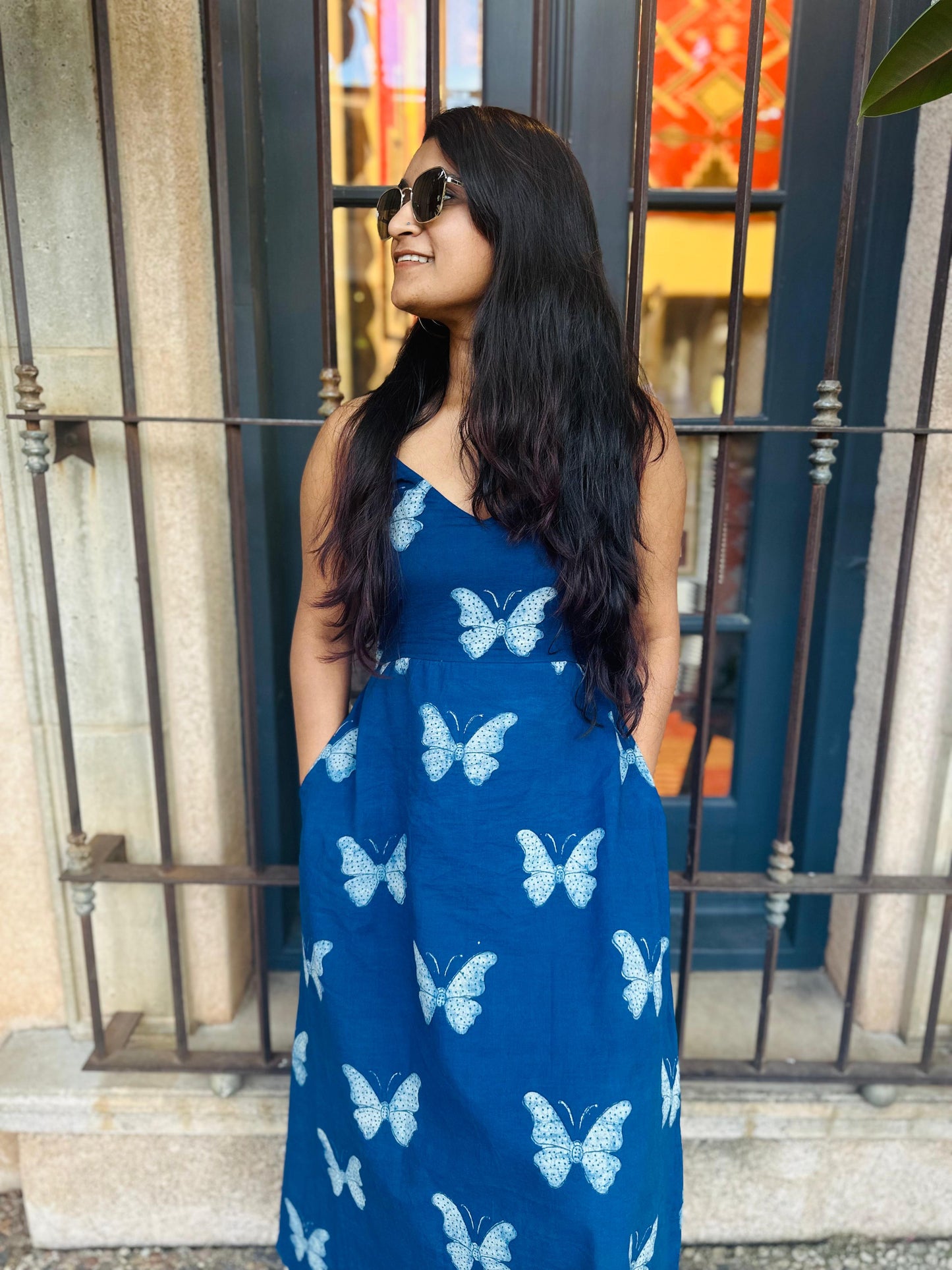 Blue Handblock Butterfly dress