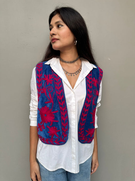 Boho Embroidered velvet Vest (Blue)